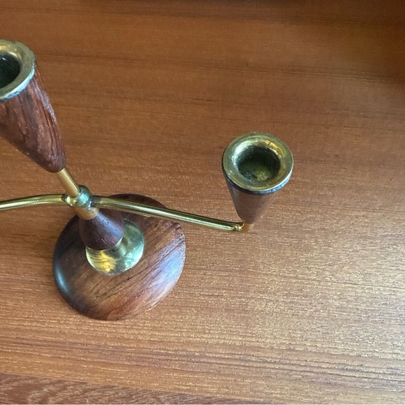 Mcm Mid-century modern vintage teak/rosewood ? brass candle holder - Picture 7 of 12